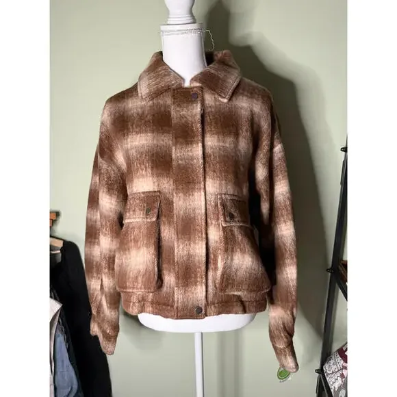NWT! Lucky Brand Plaid Jacket Light Brown Ombre Size Large - Picture 3 of 8